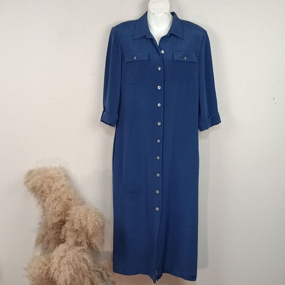 Vintage Talbots Women's Classic Silk Blue Long Sleeve Button Up Midi Dress sz 10 - Picture 1 of 15